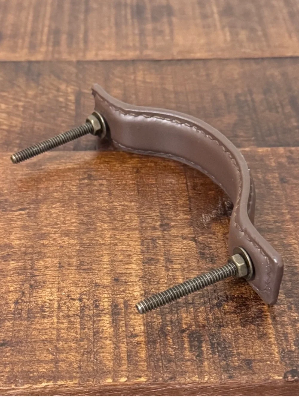 Anthropologie Leather Drawer Pull Handle Brown Saddle Stitch Brass Hardware NWOT